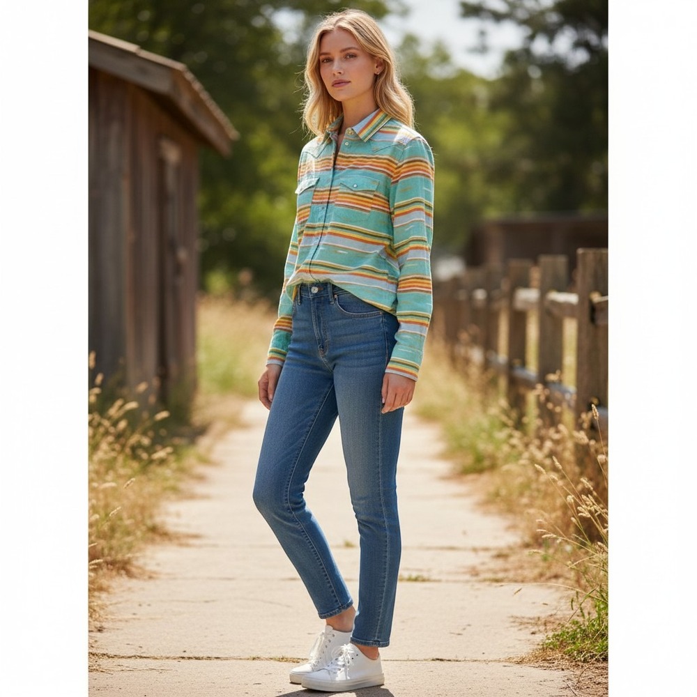 Ryan Michael Western Snap Shirt Womens M Teal Orange Stripe Linen Blend